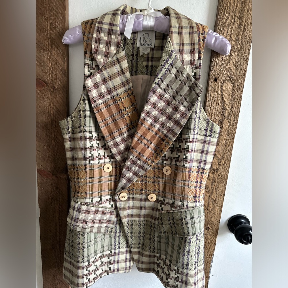 Gantos Women's Patchwork Plaid Double-Breasted Vest in Olive & Tan - Picture 10 of 13
